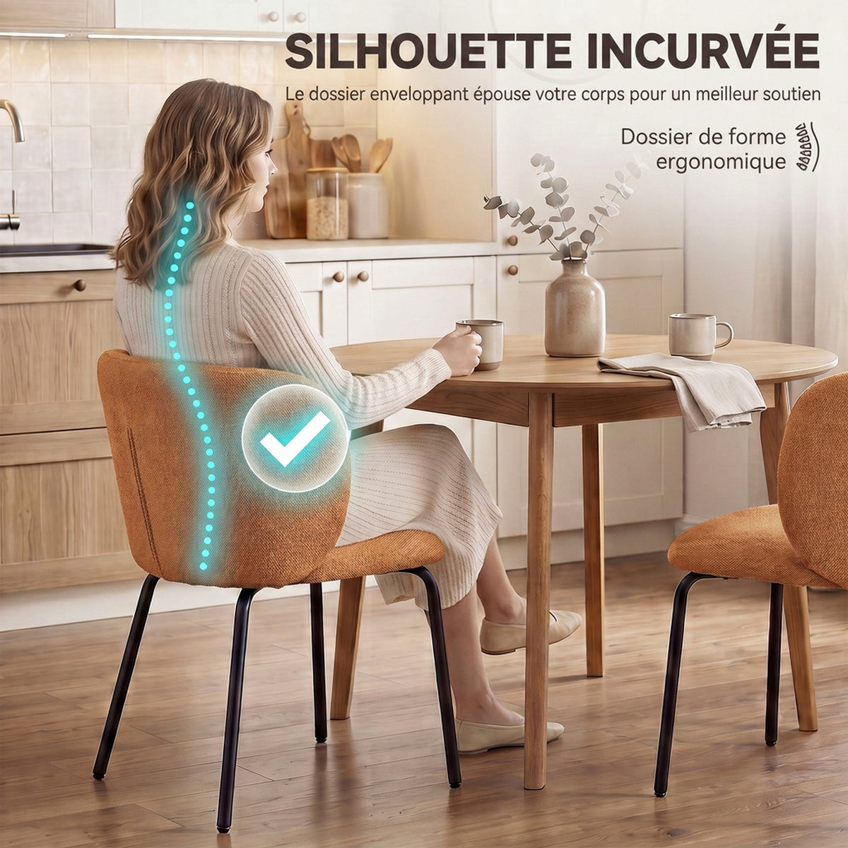 Lot de 2 Chaises Salle à Manger Rembourrées en Chenille, Dossier Incurvé, Pieds Métal, Style Moderne, 57x58x77cm, Orange-4