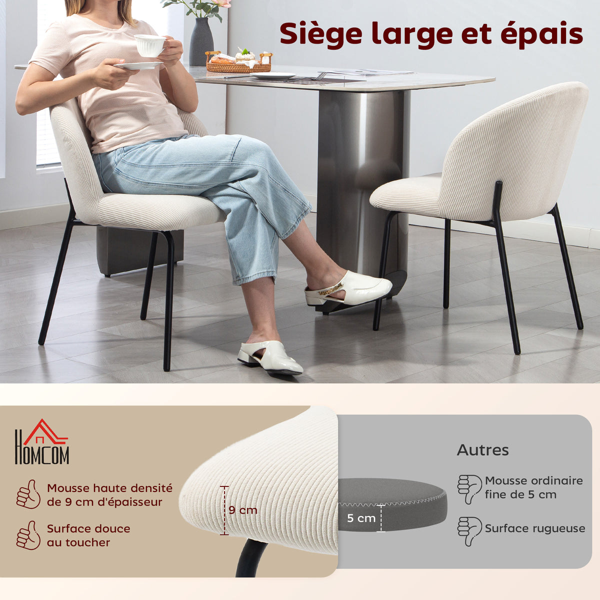 Lot de 2 chaises de salle à manger en velours côtelé, chaises de cuisine avec pieds en acier, 56x58x78cm, crème-3