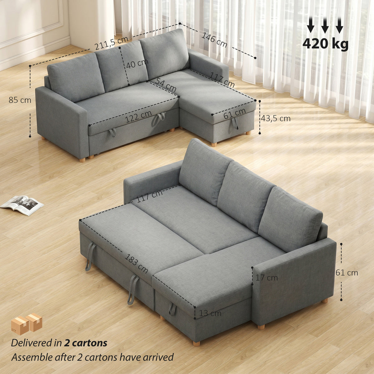 Canapé d'angle convertible canapé lit canapé 3 places modulable avec méridienne réversible, coffre de rangement intégré et 3 coussins de dossier, tissu aspect lin, gris-2