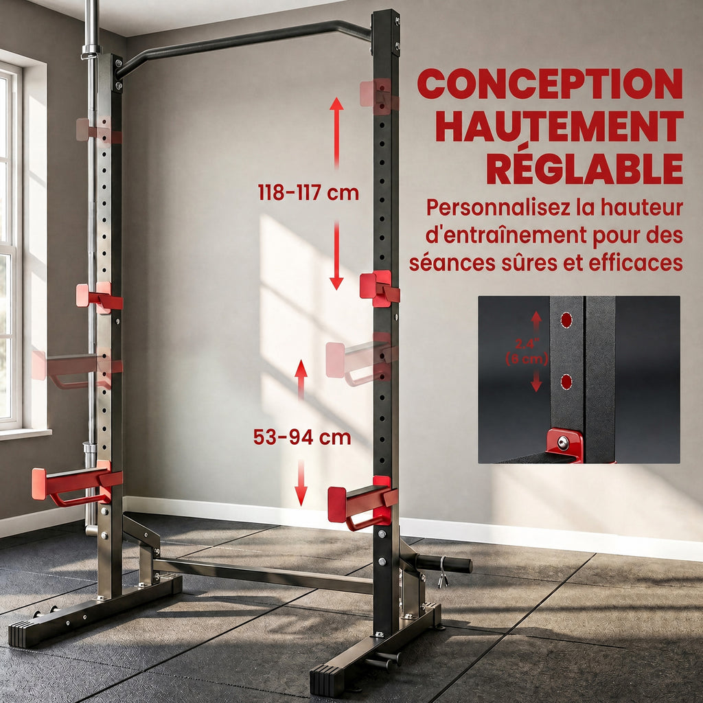 Power Tower Multifonction Charge 500 kg, Barre de Traction, Rack de Squat, Supports pour Disques, 157x105x205cm, Rouge-6