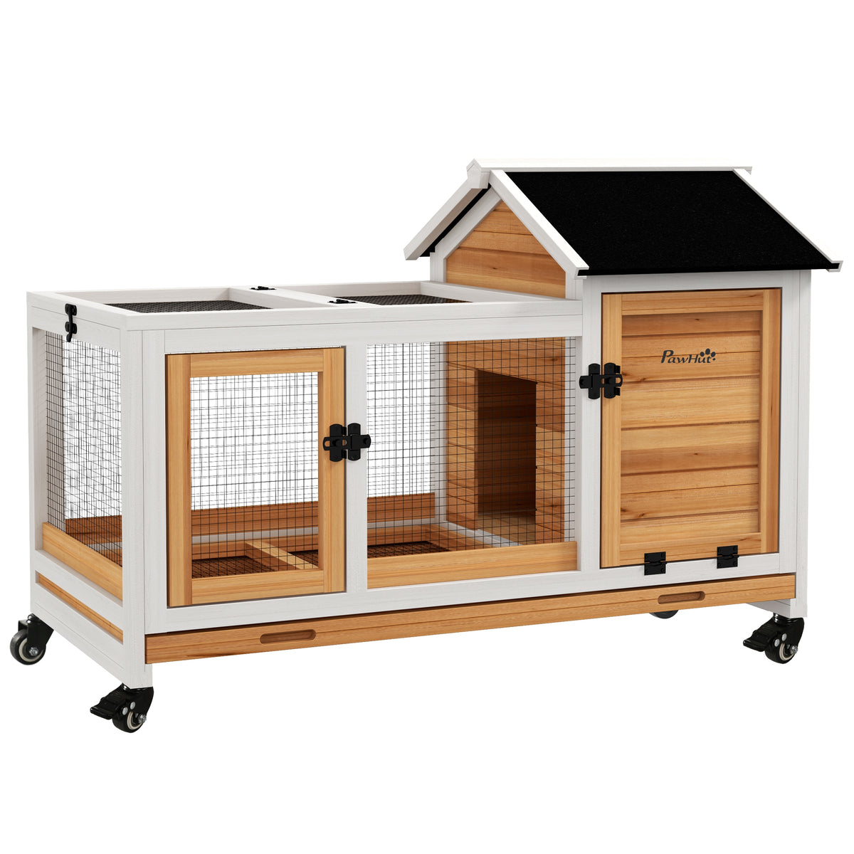 Clapier cage à lapins rongeurs sur roulettes 2 portes verrouillables - 108 x 58 x 73,5 cm bois massif jaune-0