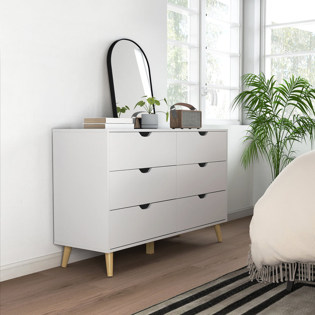 Commode 6 tiroirs meuble de rangement 5 pieds biseautés en bois  120 x 40 x 76 cm blanc-6