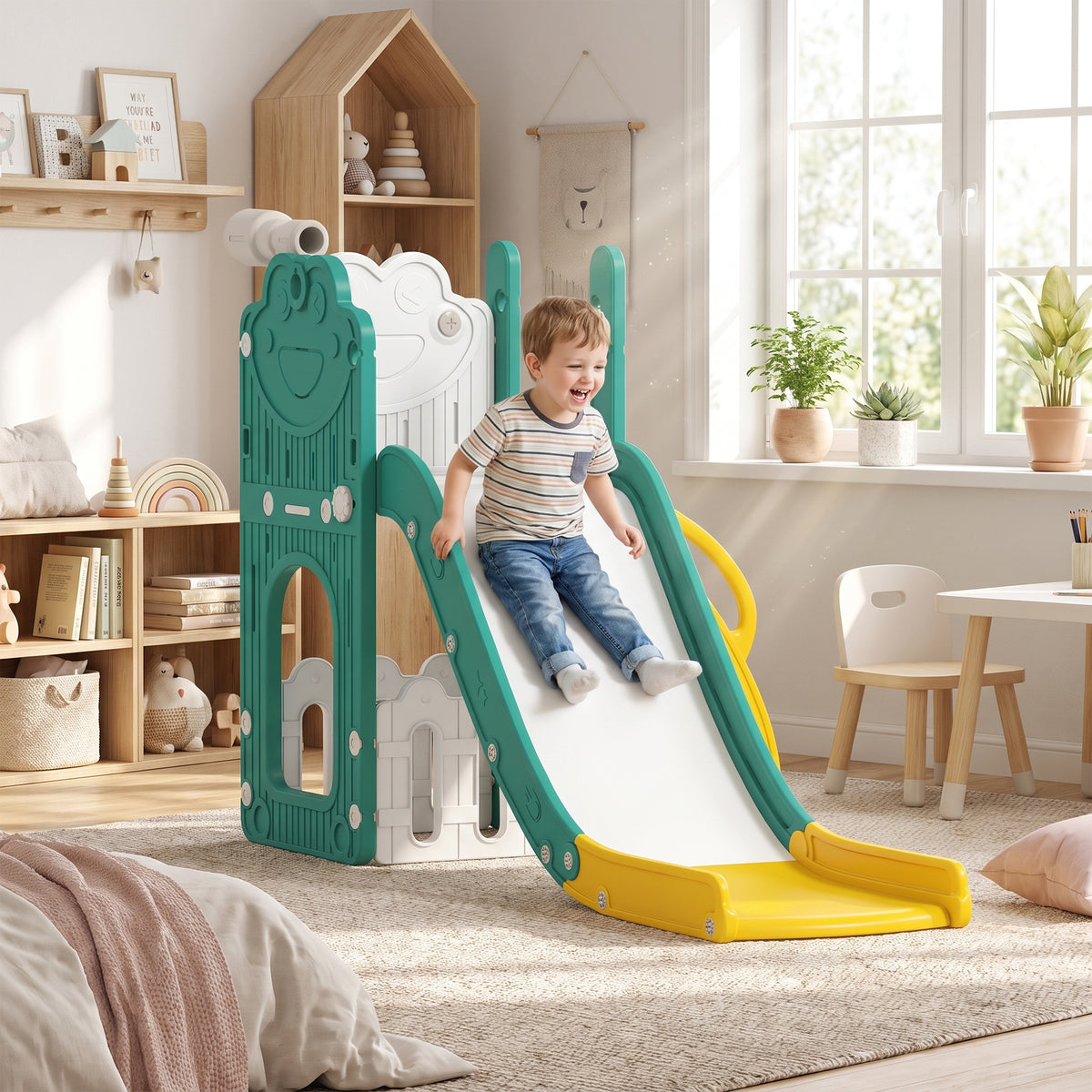 Toboggan pour tout-petits 5 en 1 toboggan autoportant pour enfant avec panier de basket, télescope, 178x70x86cm, jaune-8