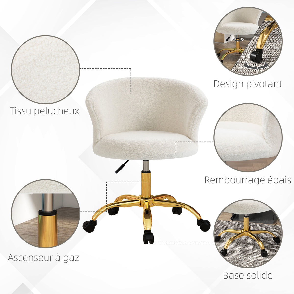 Chaise de bureau fauteuil de bureau ergonomique réglable en hauteur siège confortable pivotante piètement acier blanc-4
