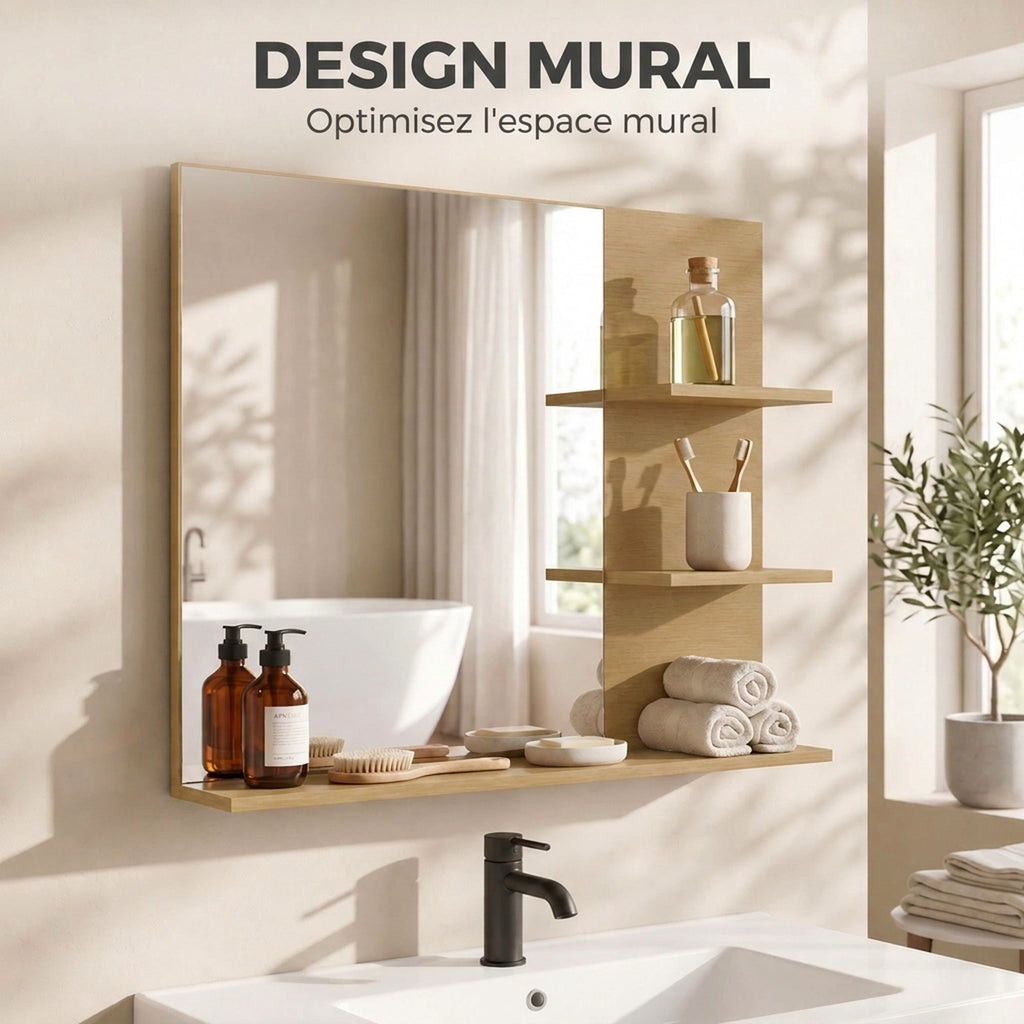 Miroir Salle de Bain avec 3 Étagères 60 x 48 cm, Miroir Mural Modern pour chambre à coucher, bureau, Chêne-3
