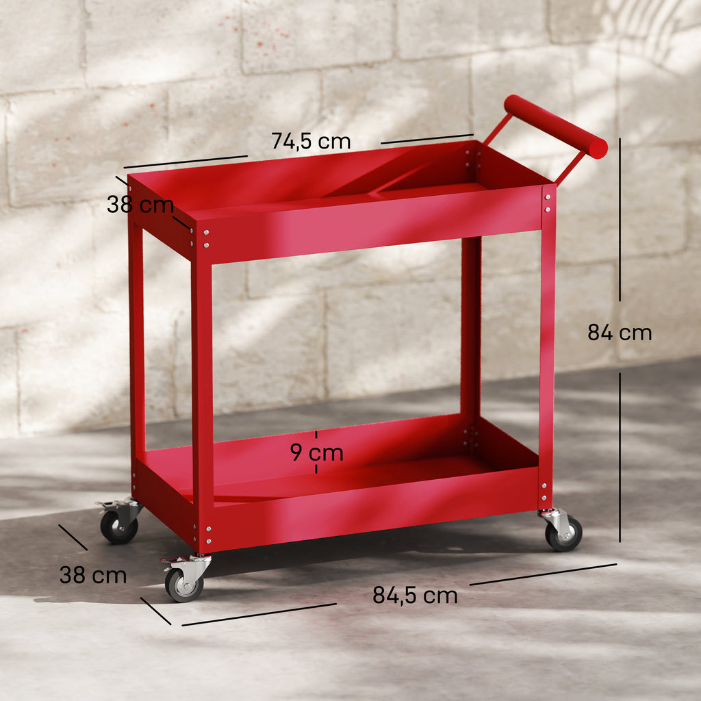 Chariot d'atelier servante atelier à 2 niveaux, poignée latérale et roulettes verrouillables, 84,5x38x84cm, rouge-2