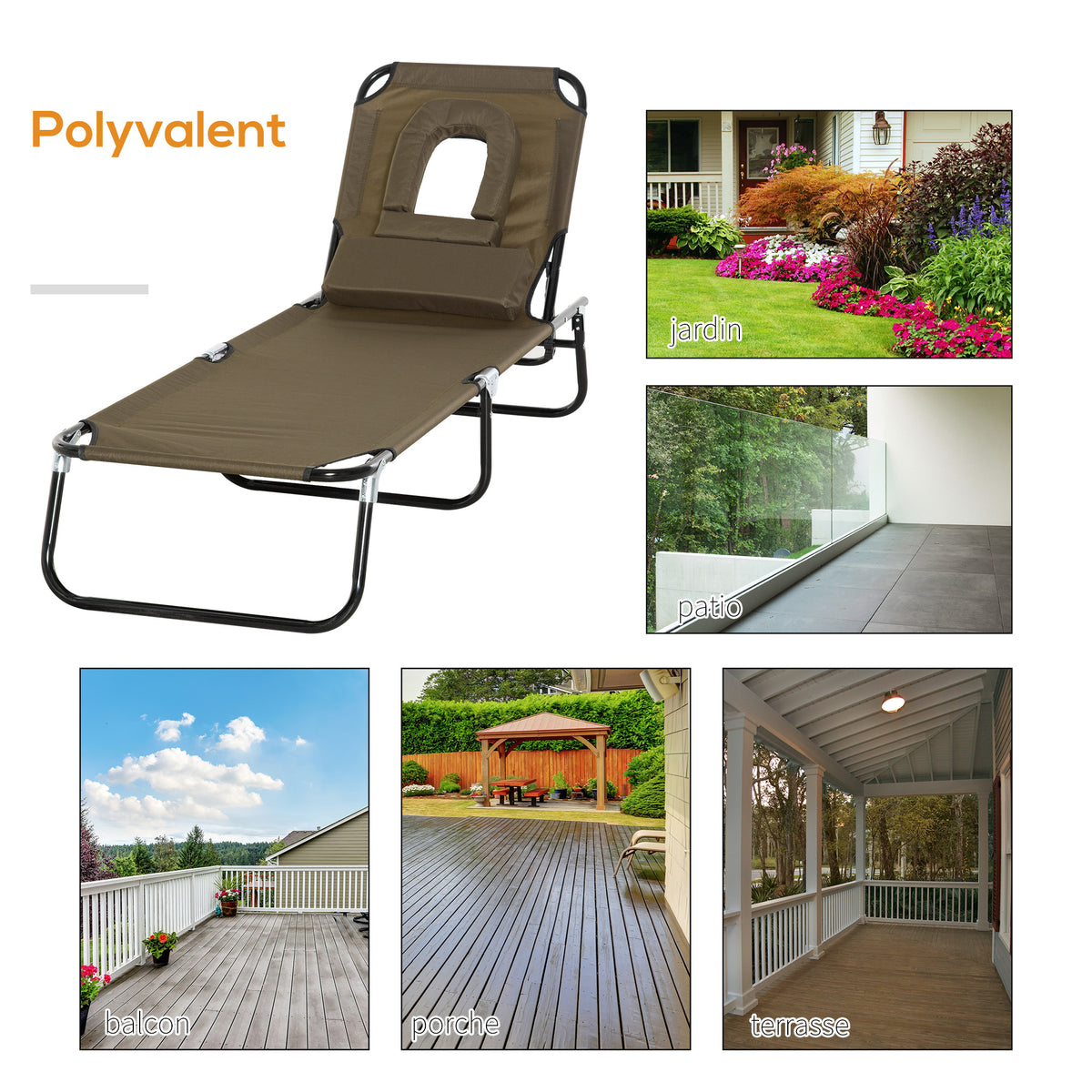 Transat de Jardin Chaise Longue Pliante Bain de Soleil avec Appuie-tête, Trou de lecture et Dossier Inclinable, Marron-4