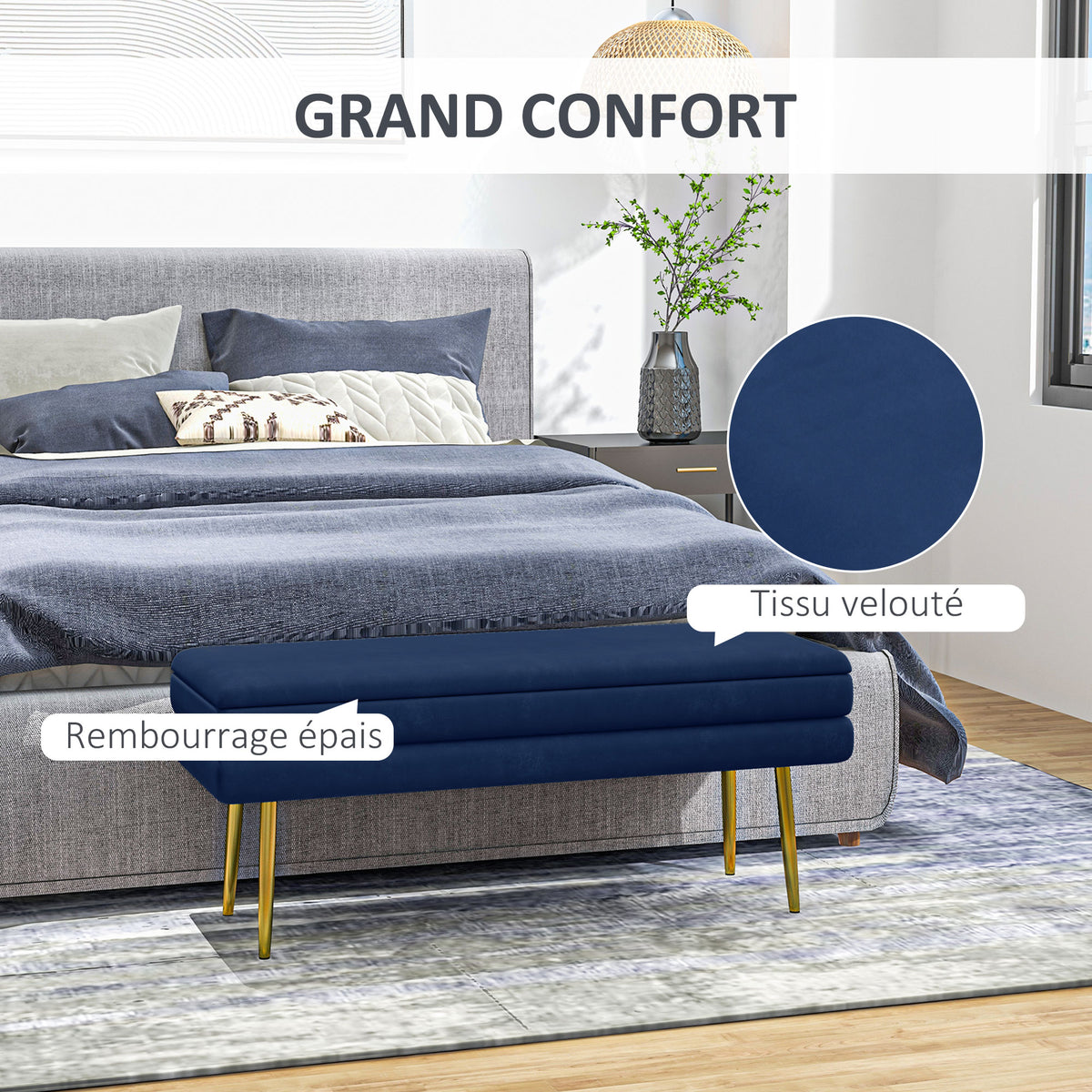 Banc banquette coffre de rangement 2 en 1 assise aspect velours et pieds acier - 100 x 37,5 x 42 cm bleu et doré-3