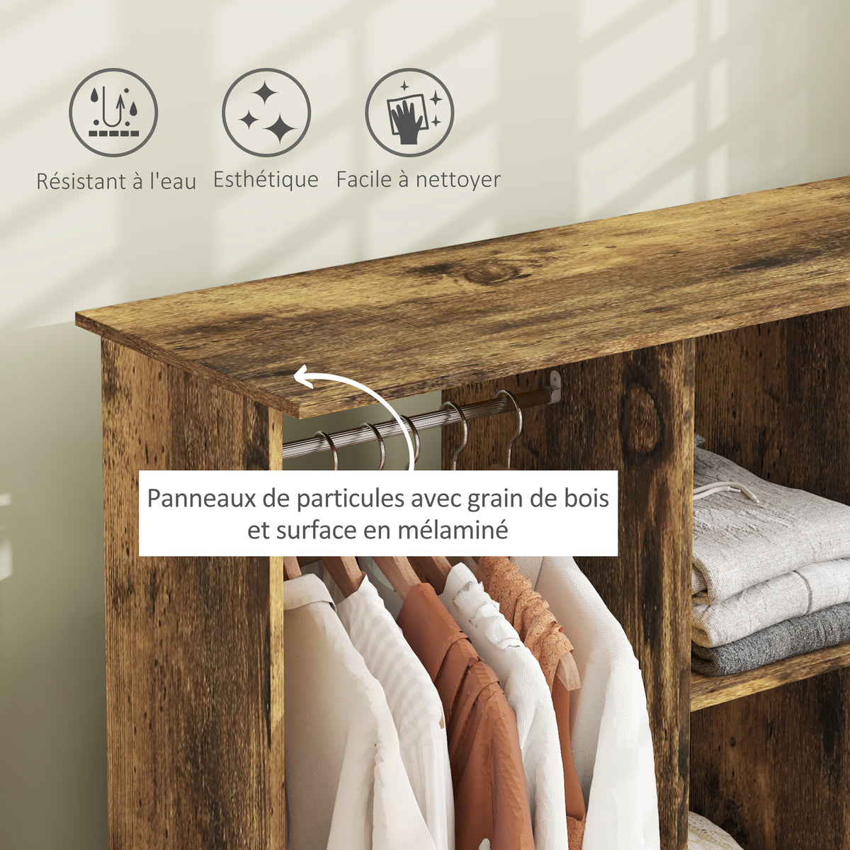 Armoire penderie meuble de rangement mobile 6 roulettes 120 x 40 x 128 cm en bois marron-3