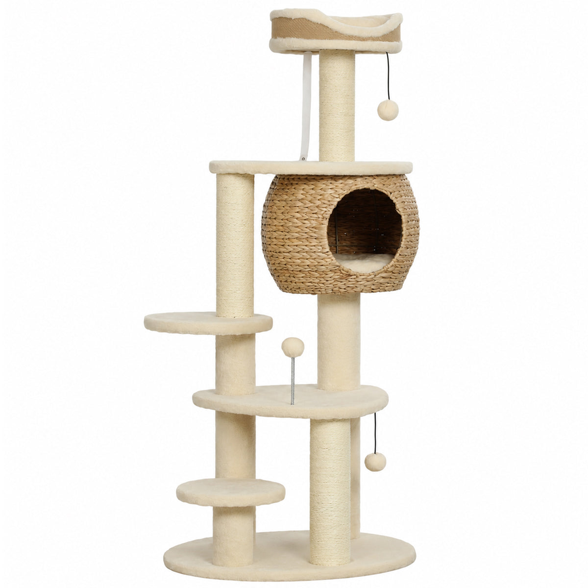 Arbre à Chat Tour pour Chat en Rotin Design 4 Niveaux avec Niche Quenouille Panier Jute et Coussin 132cm Beige-0