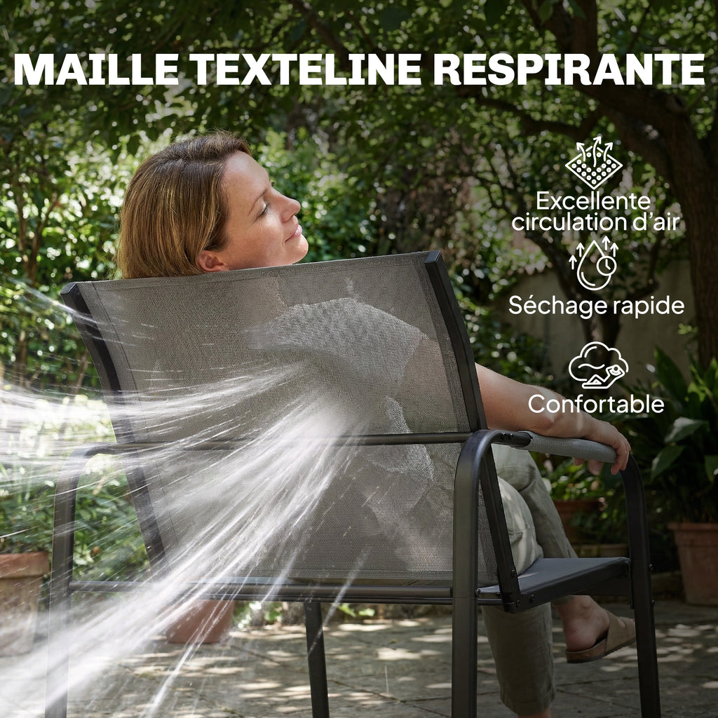 Salon de Jardin Ensemble de Terrasse en Acier et Textilène 4 Pièces avec Accoudoirs Corde Tressée Gris-4