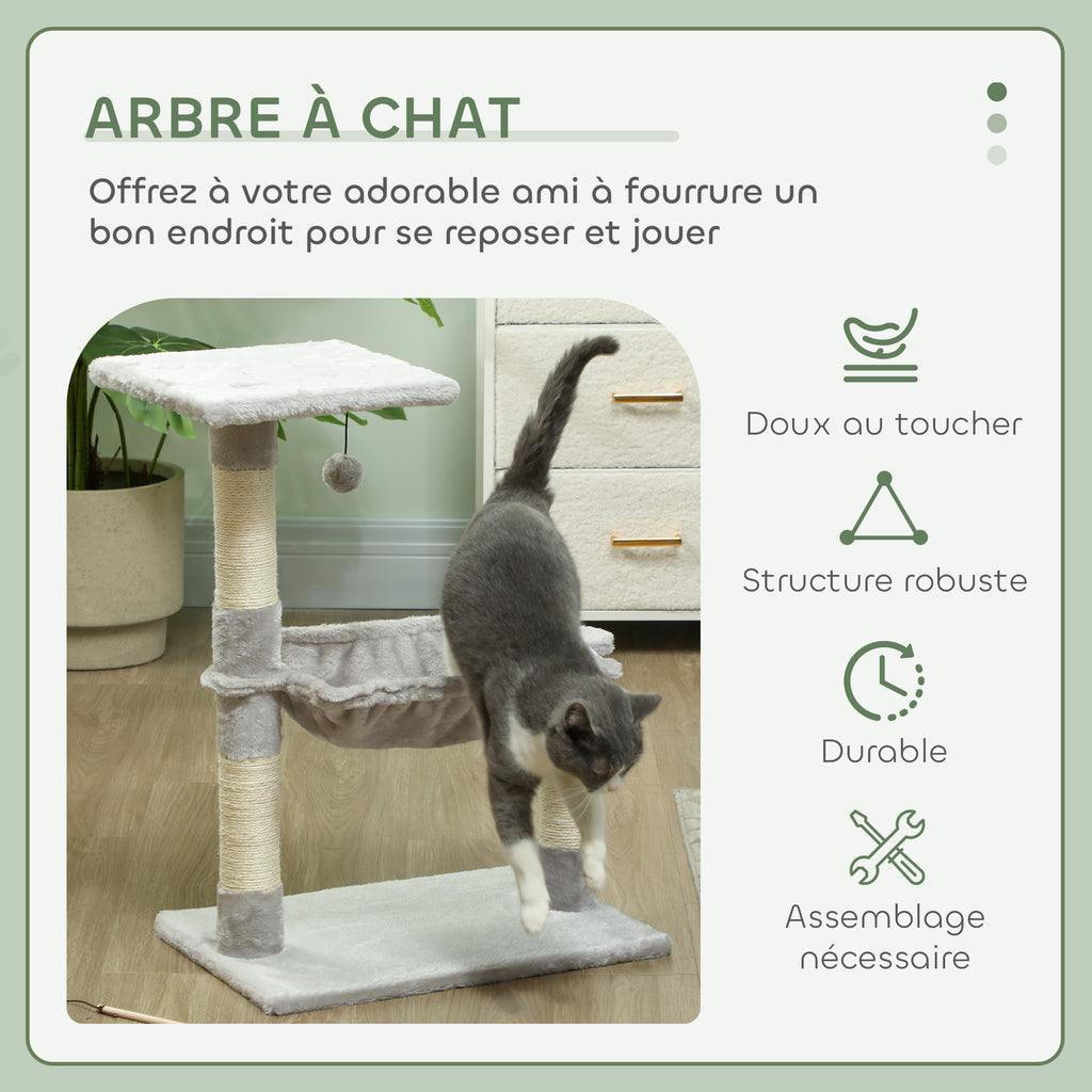 Arbre à chat 3 griffoirs grattoirs sisal naturel plateforme hamac et boule suspendue 50 x 26 x 70 cm peluche courte gris-3