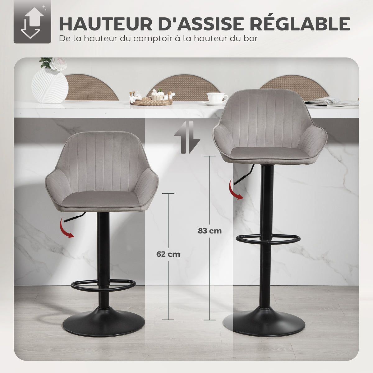 Lot de 2 tabourets de bar, chaises de bar en velours avec dossier, repose-pieds, hauteur réglable et pivotante gris-3