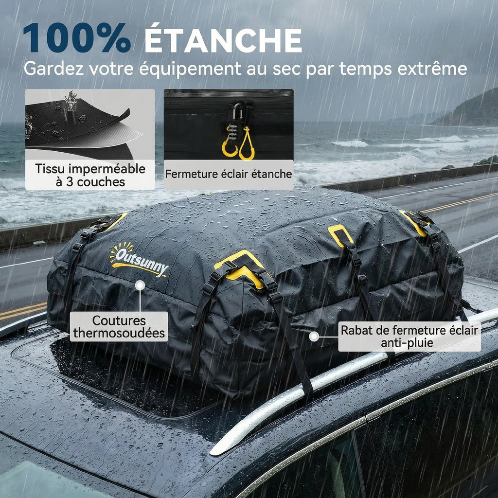 Sac de Toit Voiture Étanche Coffre de Toit Souple Universel 10 Sangles et Cadenas Auto SUV et Camping en Famille Noir-5