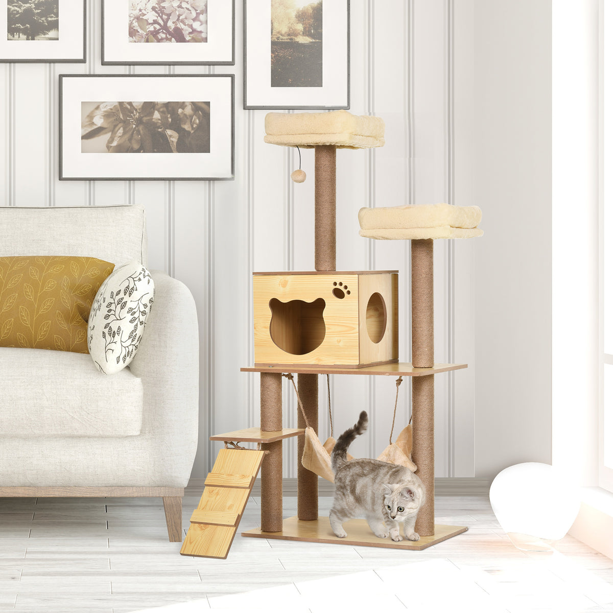 Arbre à chats design contemporain griffoirs grattoirs sisal naturel niche plate-formes hamac boule beige-1