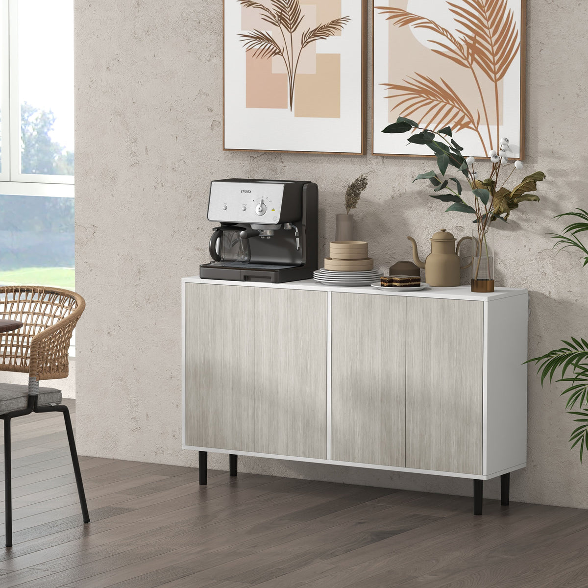 Buffet de cuisine meuble de rangement 2 placards avec étagères réglables, 121 x 37 x 75 cm, blanc et aspect bois gris-1