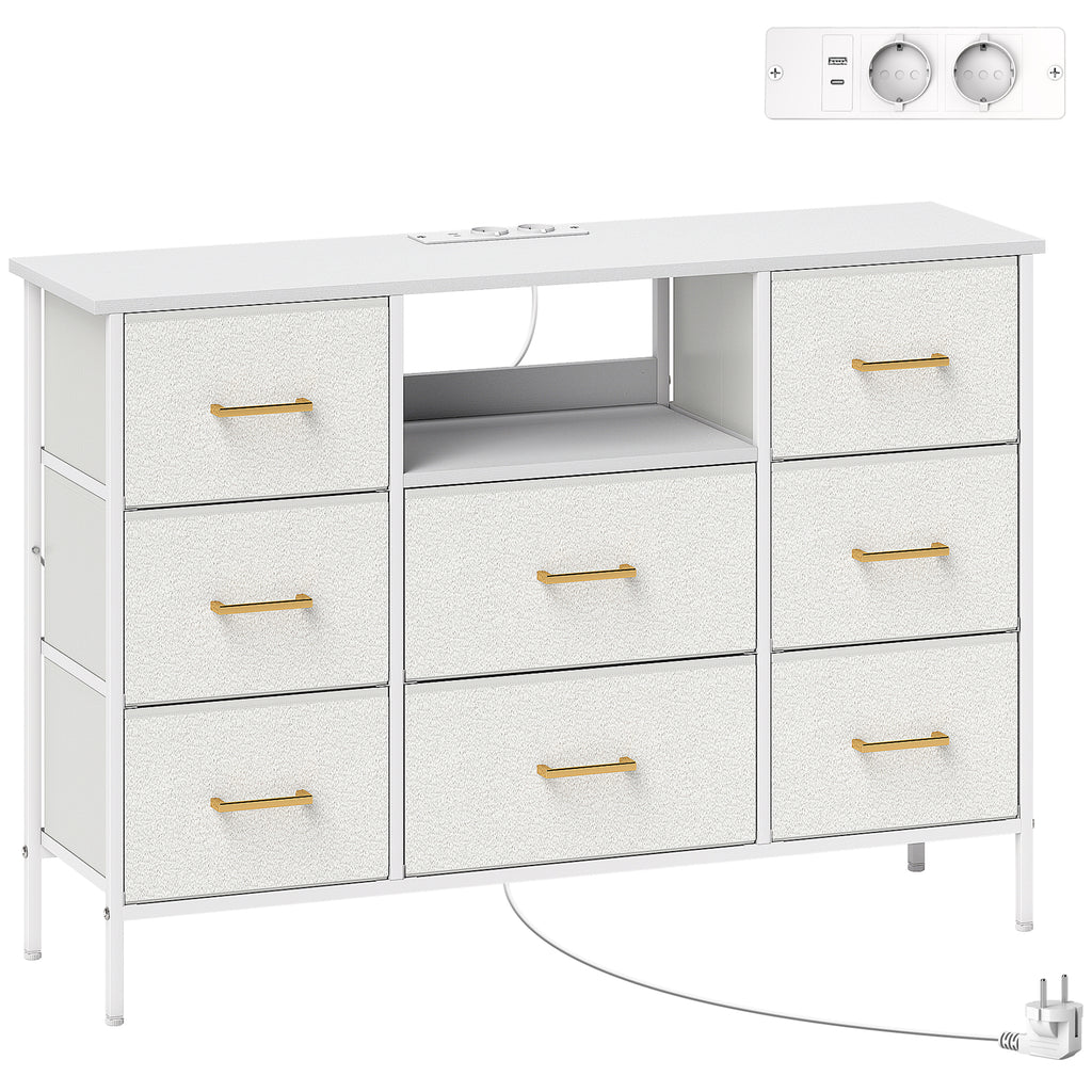 Commode 8 tiroirs en tissu bouclette, meuble de rangement avec 2 prises de courant, structure en acier 110x30x76cm crème-0