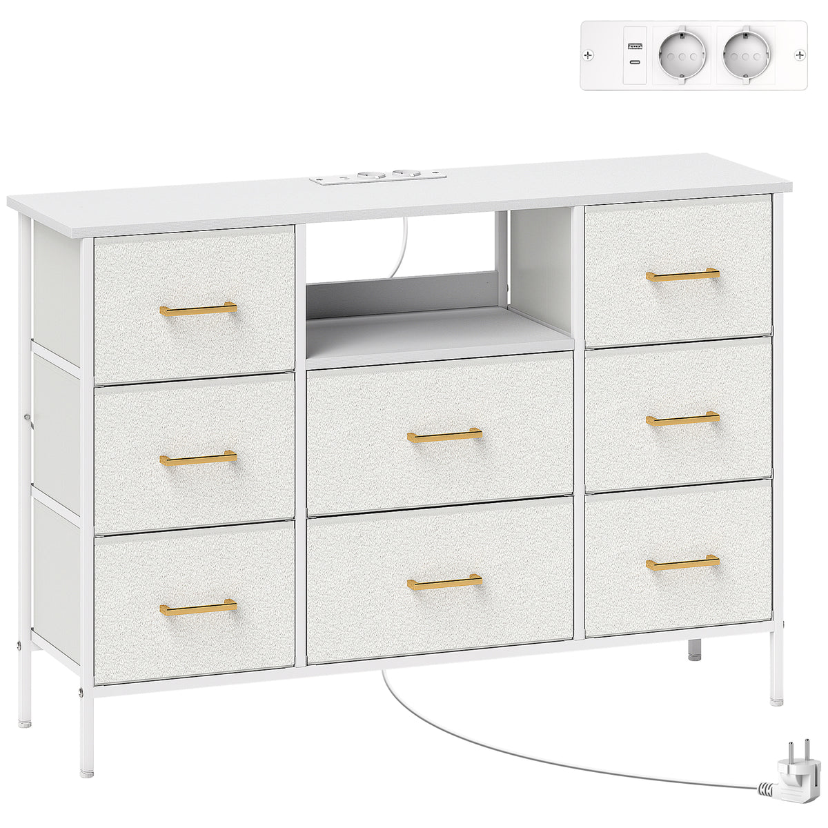 Commode 8 tiroirs en tissu bouclette, meuble de rangement avec 2 prises de courant, structure en acier 110x30x76cm crème-0