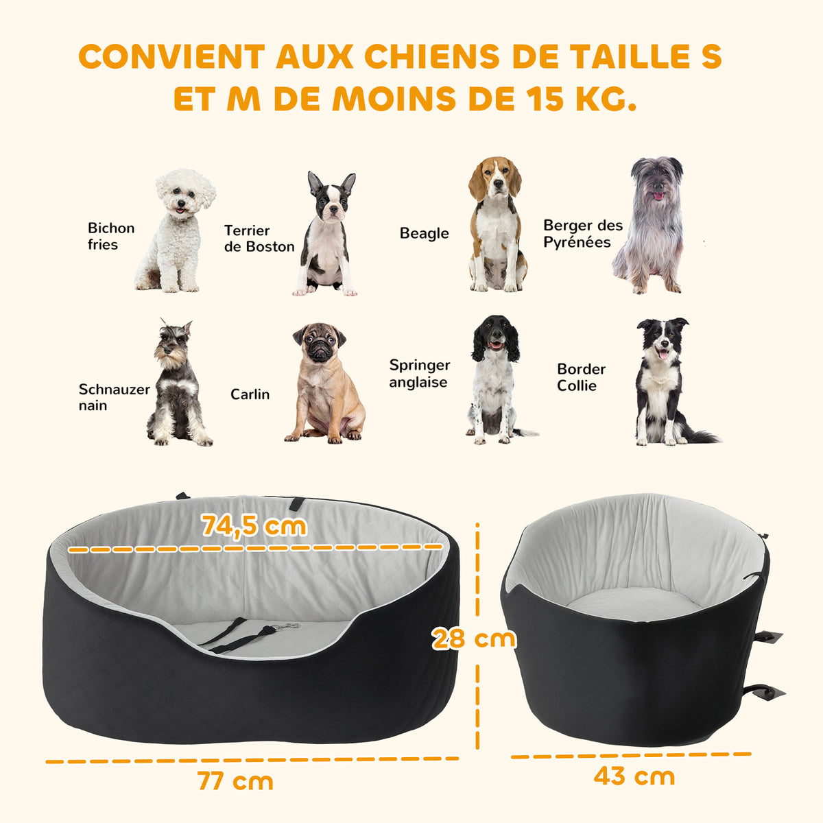 Siège auto pour chien avec ceinture de sécurité et fixation siège de voiture pour chien rembourré 77 x 43 x 28 cm noir-2