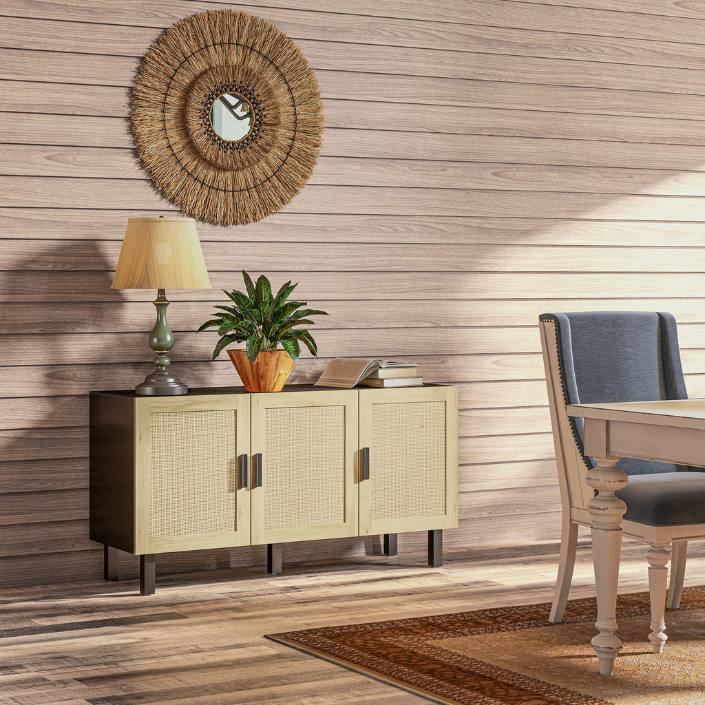 Meuble de rangement avec placards à portes effet cannage, étagères réglables, 136 x 41 x 70 cm, noir et bois naturel-7
