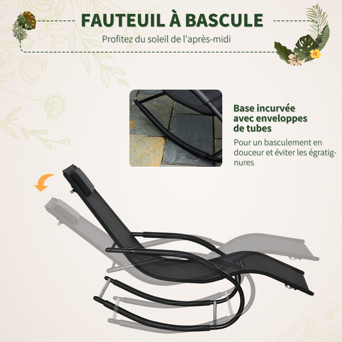 Chaise longue à bascule rocking chair ergonomique avec tétière accoudoirs métal galvanisé textilène 62l x 150P-3