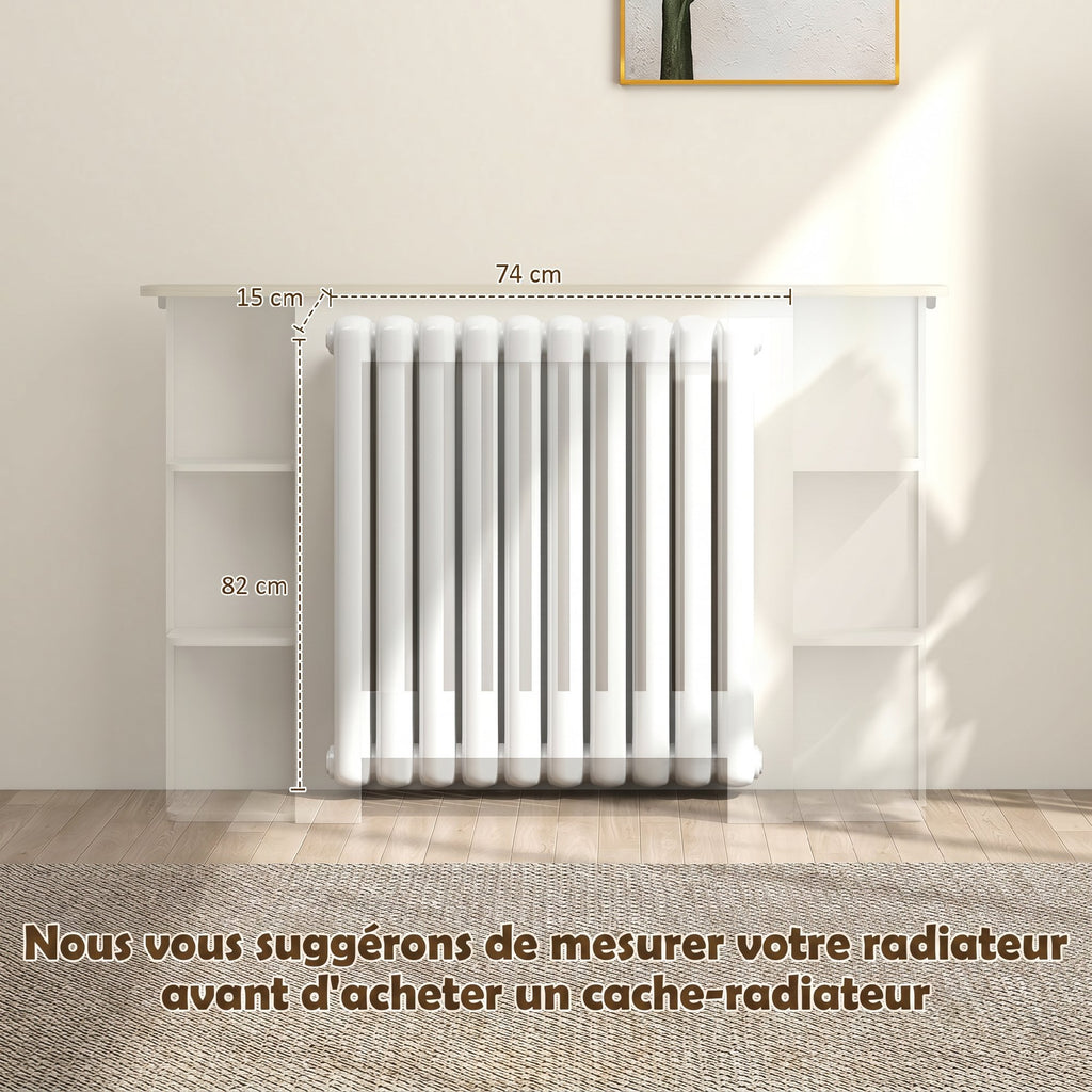 Cache-radiateur avec étagères de rangement ouvertes, couvercle de radiateur en bois à lattes, 124x19x83cm, blanc-3