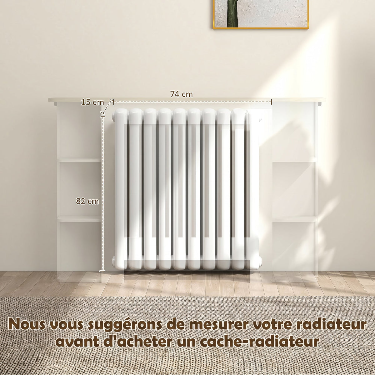 Cache-radiateur avec étagères de rangement ouvertes, couvercle de radiateur en bois à lattes, 124x19x83cm, blanc-3