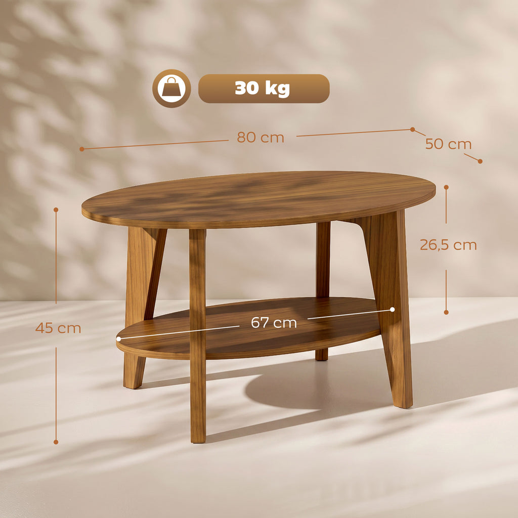 Table Basse Ovale à 2 Niveaux, Table de Salon Moderne avec Étagère Inférieure Ouverte, 80 x 50 x 45 cm, Chêne-2