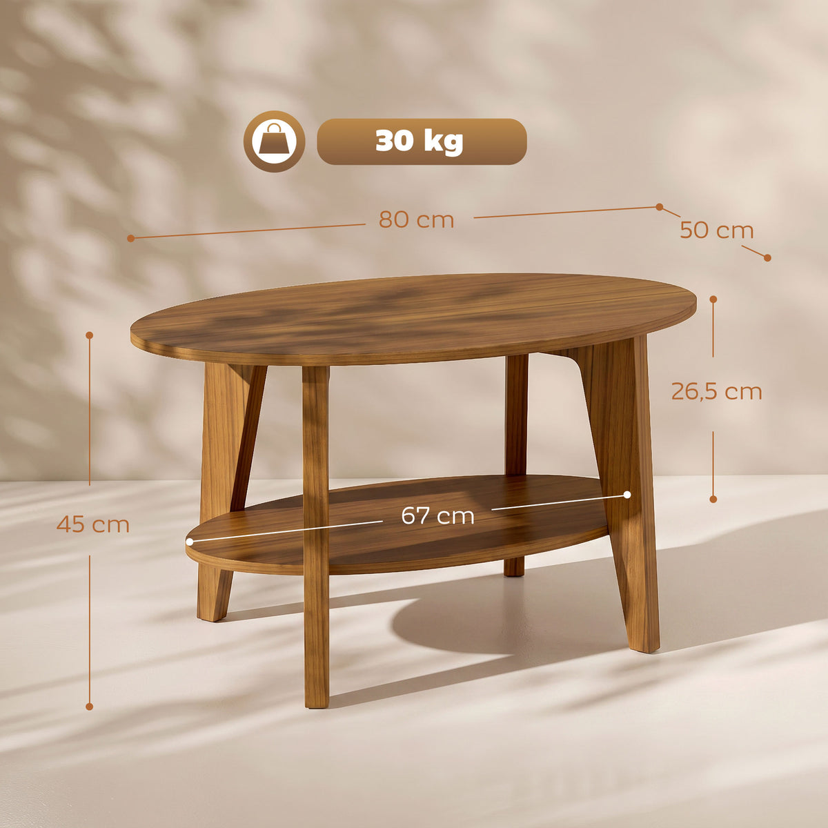 Table Basse Ovale à 2 Niveaux, Table de Salon Moderne avec Étagère Inférieure Ouverte, 80 x 50 x 45 cm, Chêne-2