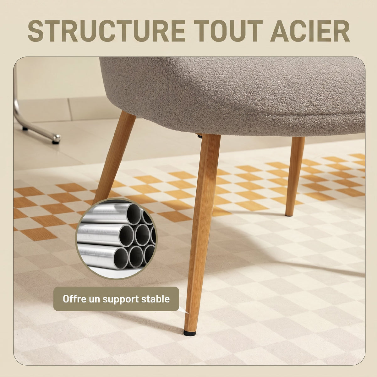 Fauteuil salon, fauteuil d'appoint rembourré en tissu bouclette avec haut dossier et accoudoirs, 71x74x97,5cm, gris-4