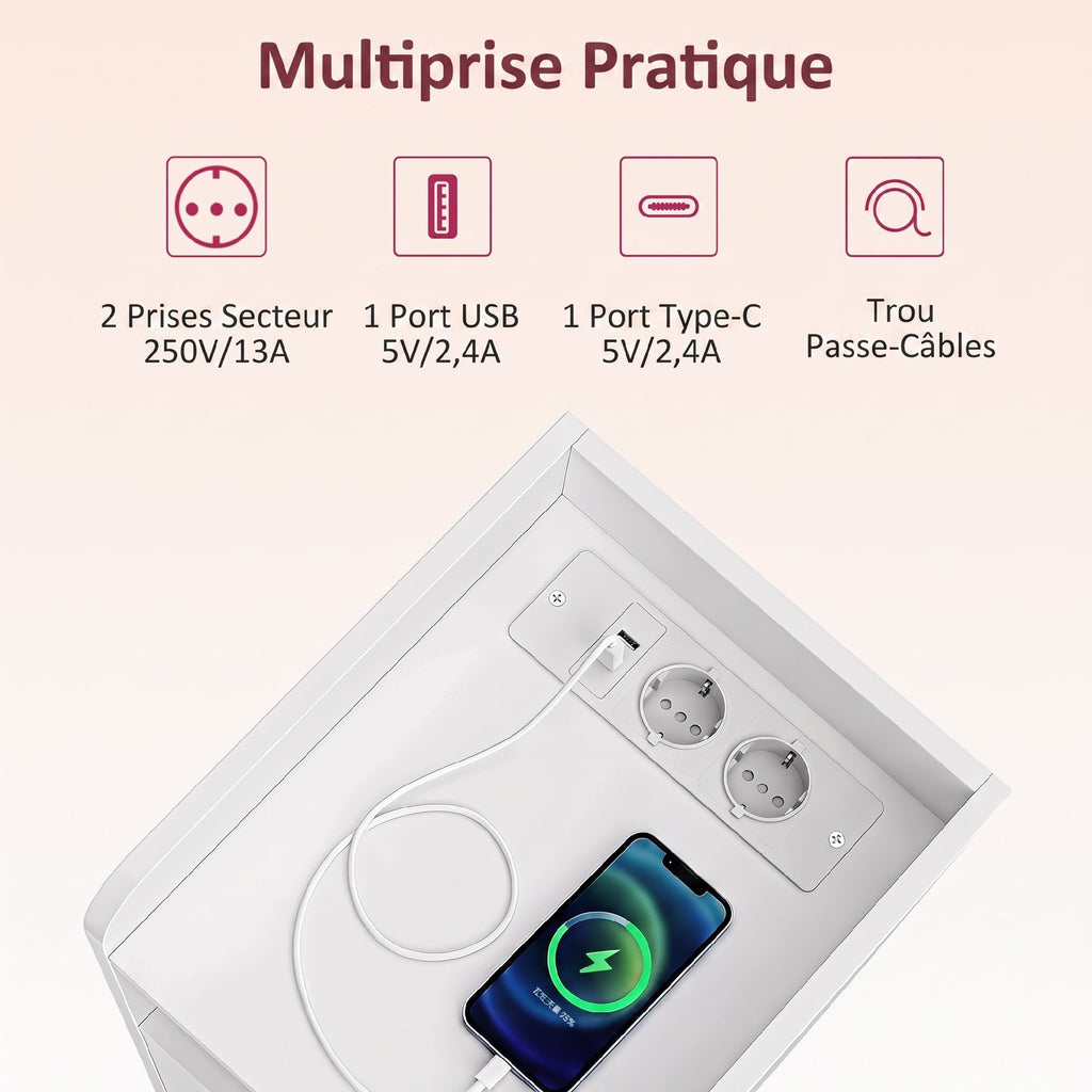 Lot de 2 tables de chevet avec station de charge, tables de nuit avec compartiment ouvert, étagère réglable, blanc-4