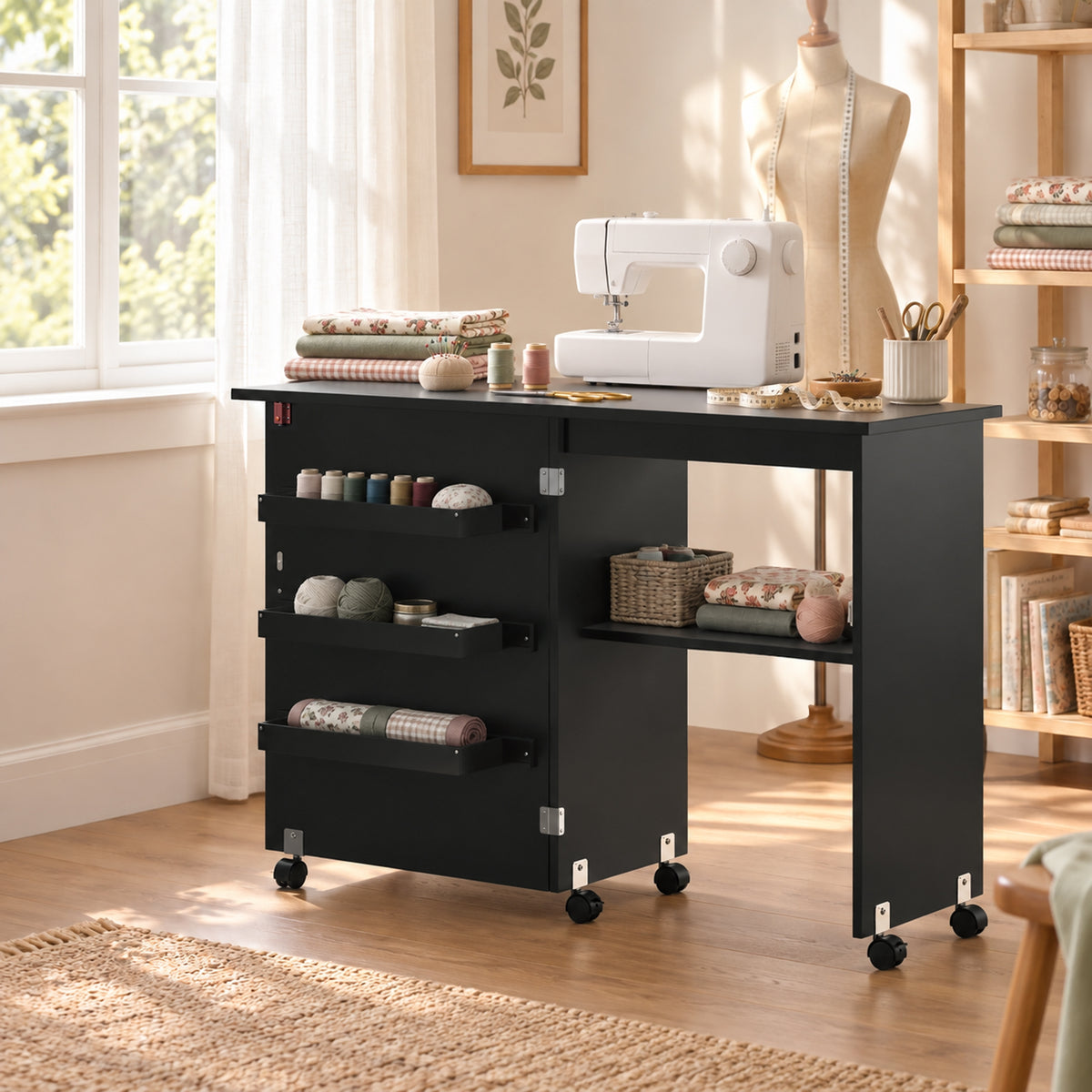 Table de couture pliante meuble couture à abattant avec bacs de rangement, étagère ouverte et roulettes, noir-7