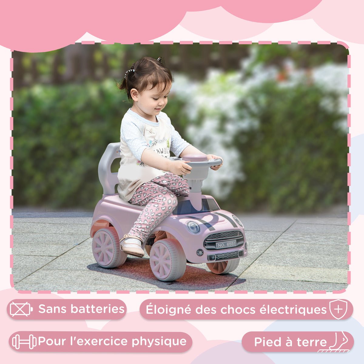Porteur Enfants Voiture 18-36 Mois Volant klaxon et Butée Anti-bascule Charge 25 kg 53x25x35 cm Rose-5