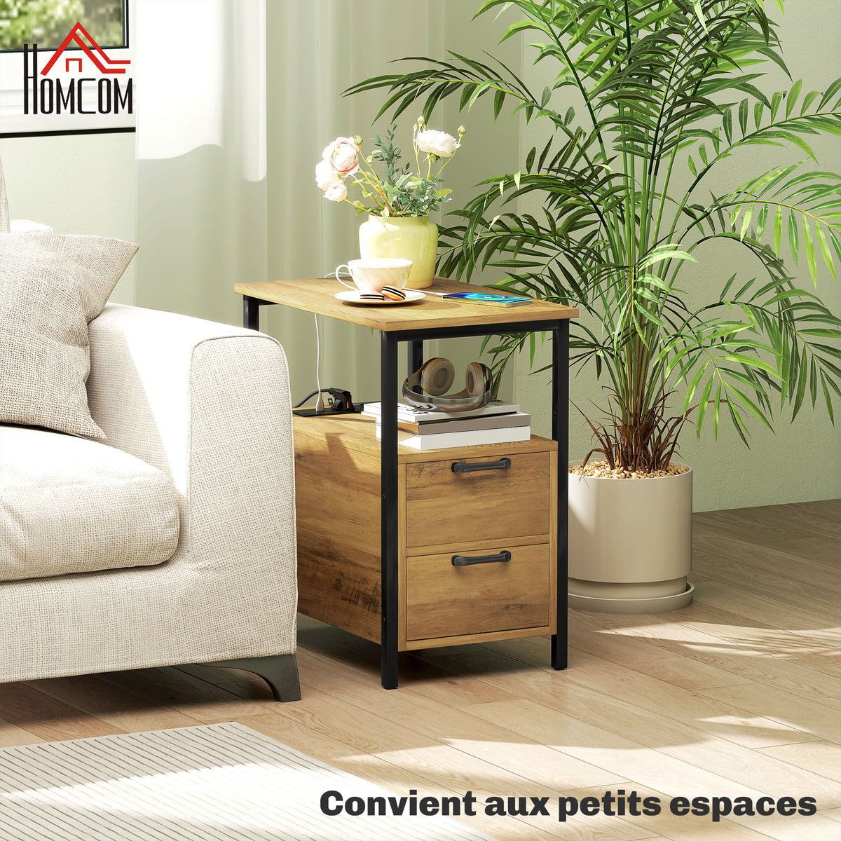 Table d'appoint table de chevet avec 2 prises port USB 1 prise type C câble de 143 cm tiroirs et étagère bois naturel-4