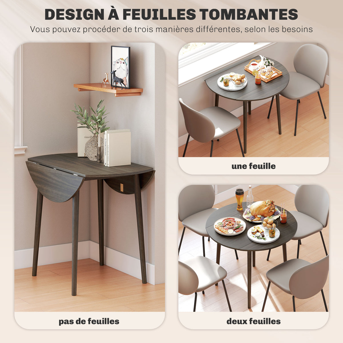 Table de salle à manger pliante 2 abattants, table ronde extensible pour 4 personnes, pieds en bois Ø 89 x 73,5 cm, gris-3