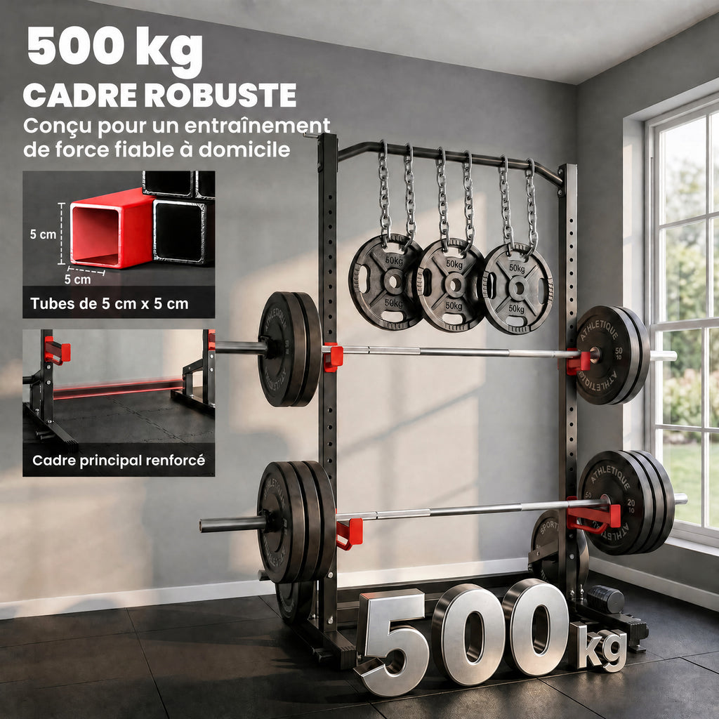 Power Tower Multifonction Charge 500 kg, Barre de Traction, Rack de Squat, Supports pour Disques, 157x105x205cm, Rouge-3