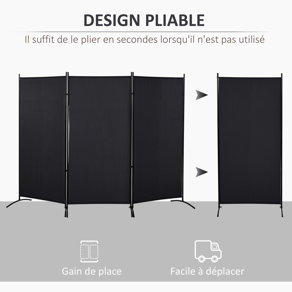Paravent 3 panneaux dim. 2,53L x 0,5l x 1,82H m Store latéral Brise-Vue paravent sur Pied séparateur métal Polyester-3