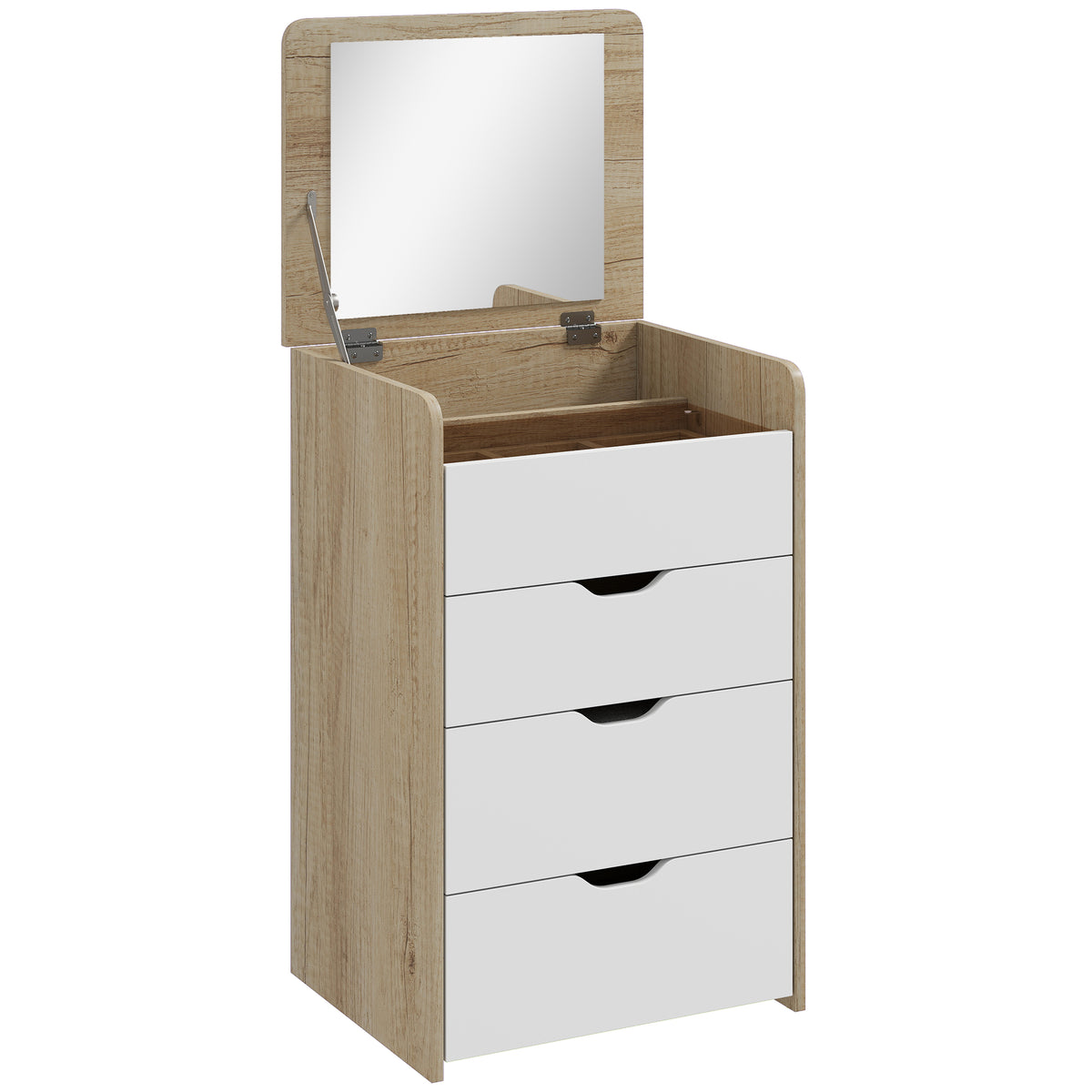 Coiffeuse avec miroir rabattable et tabouret de rangement, table de maquillage, 2 tiroirs, siège rembourré, chêne blanc-0