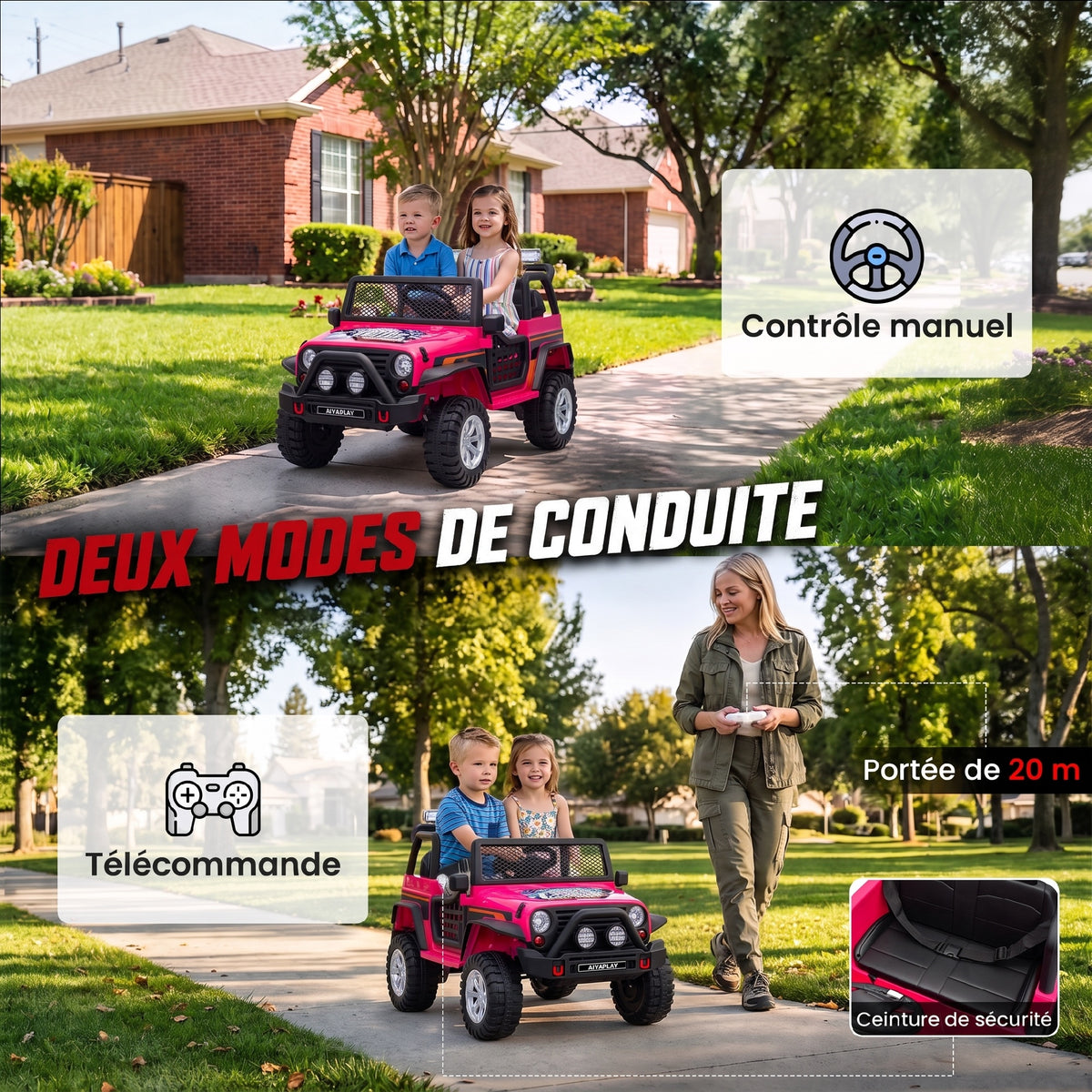 Voiture électrique enfant 2 places 12,8 V, 2 moteurs, batterie lithium, télécommande parentale, Rose-4