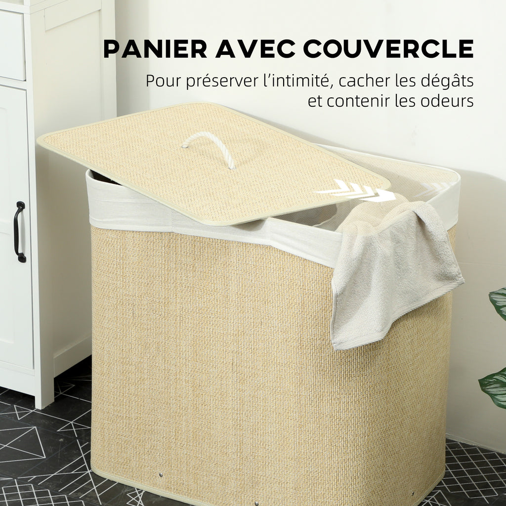 Panier à linge à trois compartiments avec couvercle, panier à linge en bambou 144 L avec poignées en corde-4