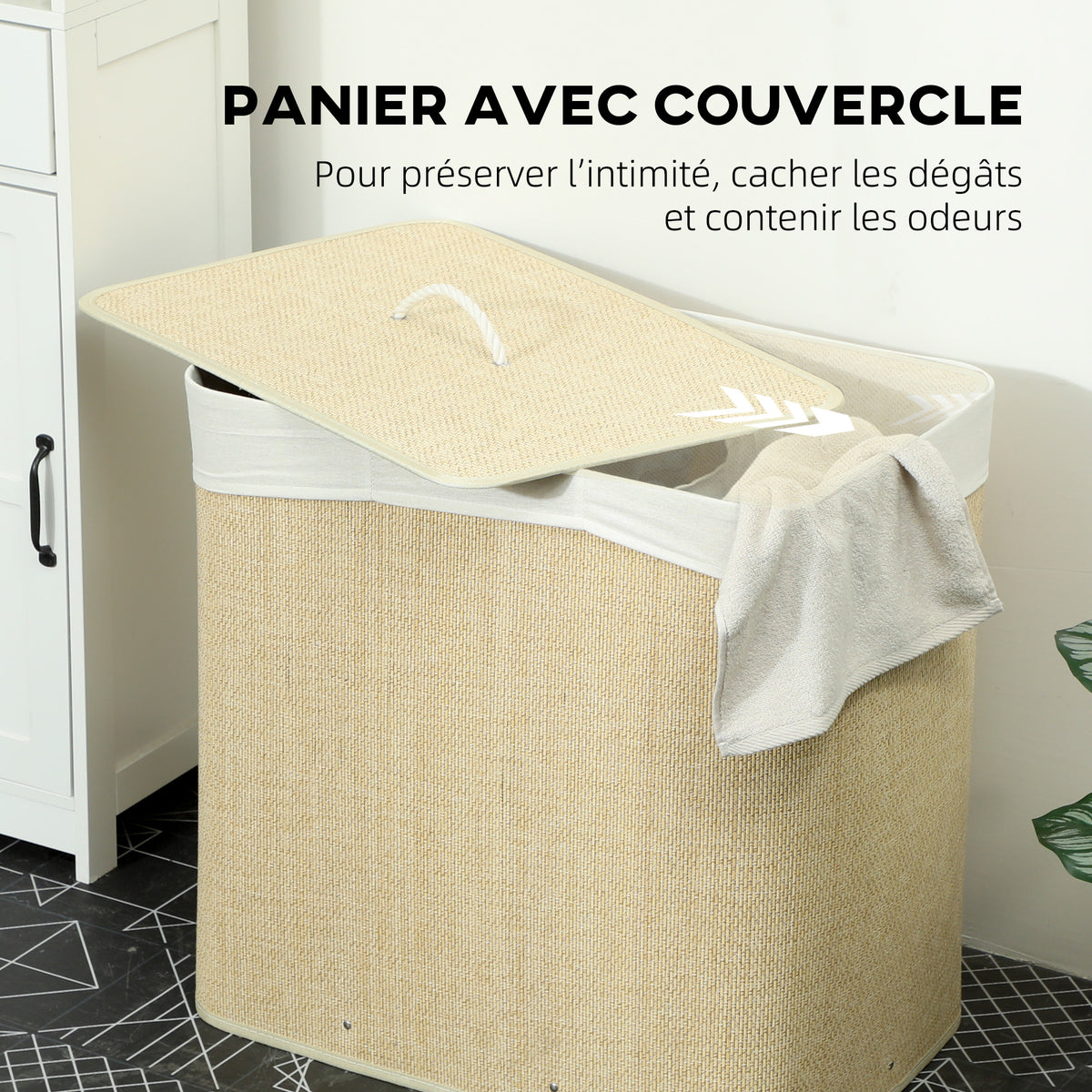 Panier à linge à trois compartiments avec couvercle, panier à linge en bambou 144 L avec poignées en corde-4