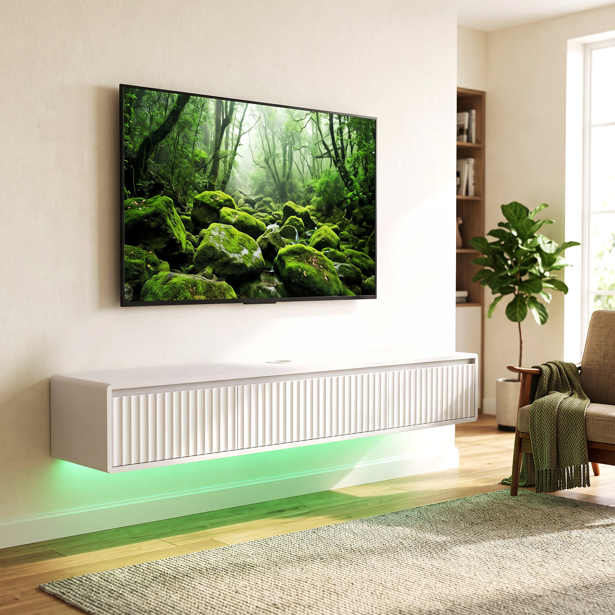 Meuble TV Suspendu Flottant 160 cm avec Éclairage LED et Prises, Meuble Télé pour Téléviseur 72 Pouces, Blanc-1