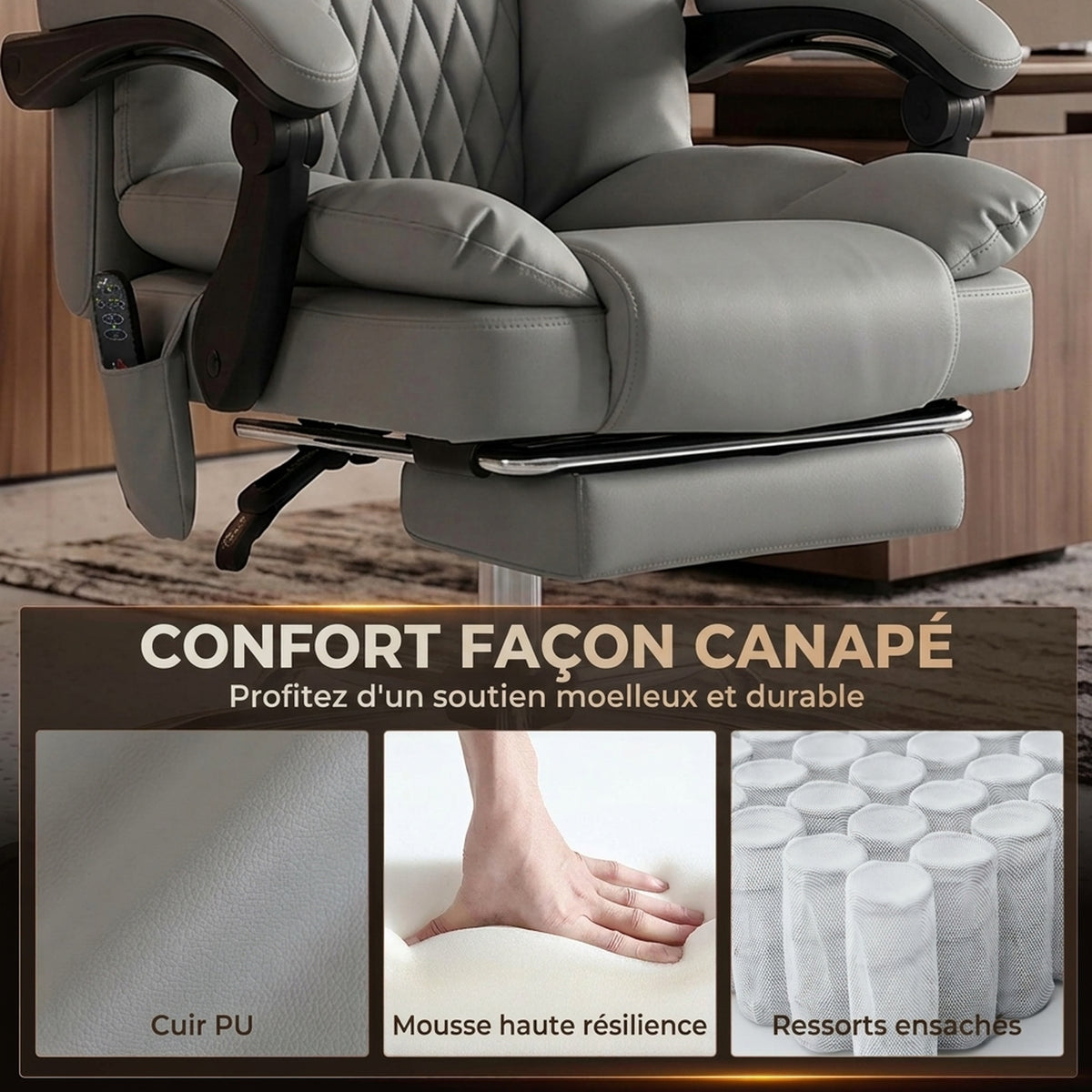 Fauteuil de Bureau Massant Vibrant et Chauffant, Chaise Bureau Ergonomique en PU, Dossier Inclinable, Appuie-Tête, Gris-4