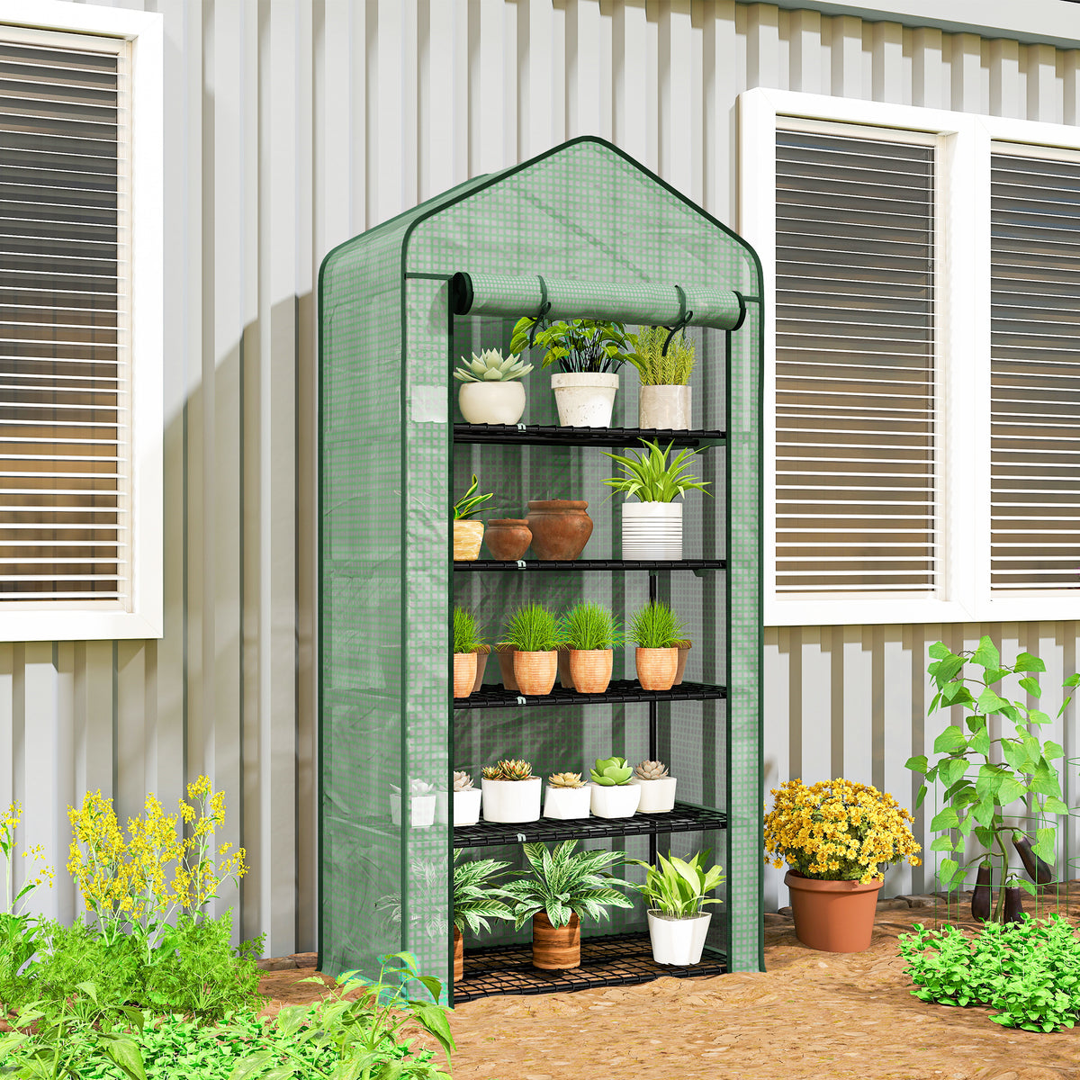 Serre de jardin Serre 5 niveaux avec 1 porte enroulable, Bâche en PE Renforcée Résistante dim. 90L x 49l x 193H cm-1