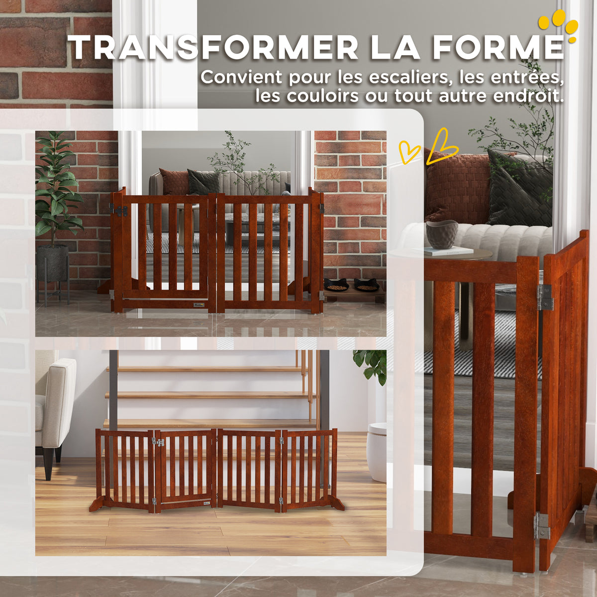 Barrière de sécurité chien pliable double face en bois, 4 panneaux avec porte, pieds de support, 205 x 60 cm, marron-4