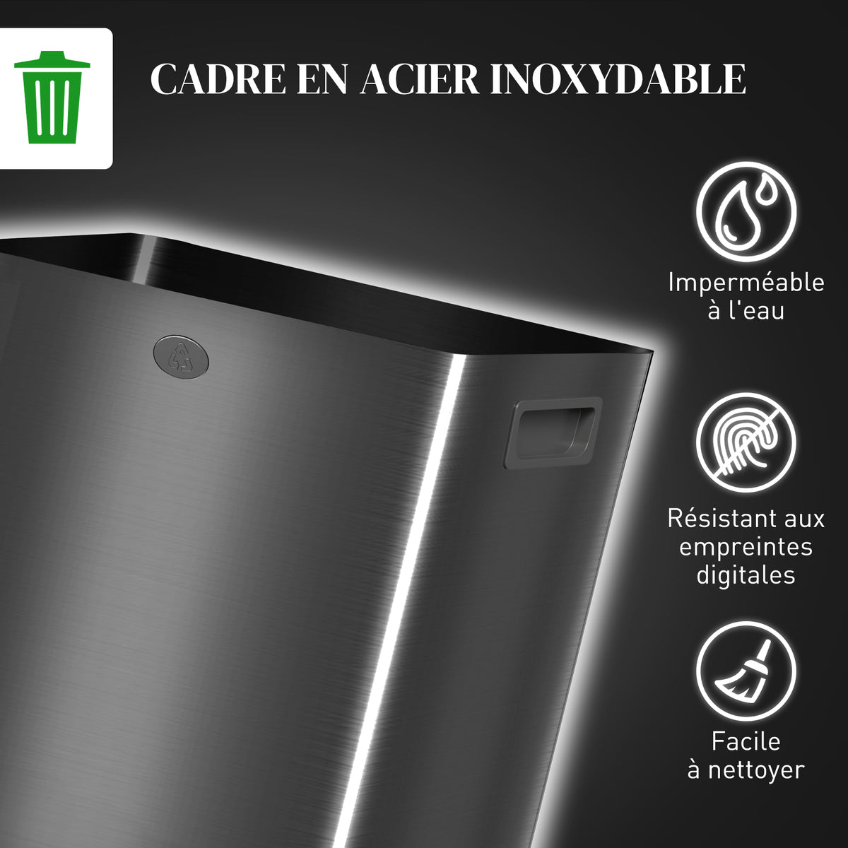 Poubelle de cuisine 2 compartiments de 2 x 20L, acier inoxydable, couvercle à fermeture douce, 45,8x36x51,6cm, noir-9