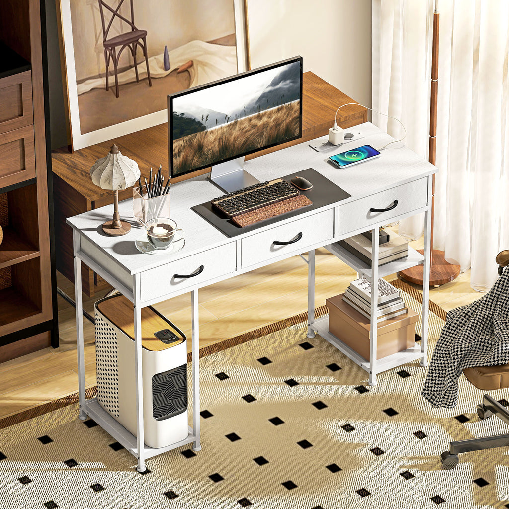 Bureau avec rangement avec prises de courant, 3 tiroirs en tissu et 4 étagères de rangement, 120 x 40 x 76 cm, blanc-9