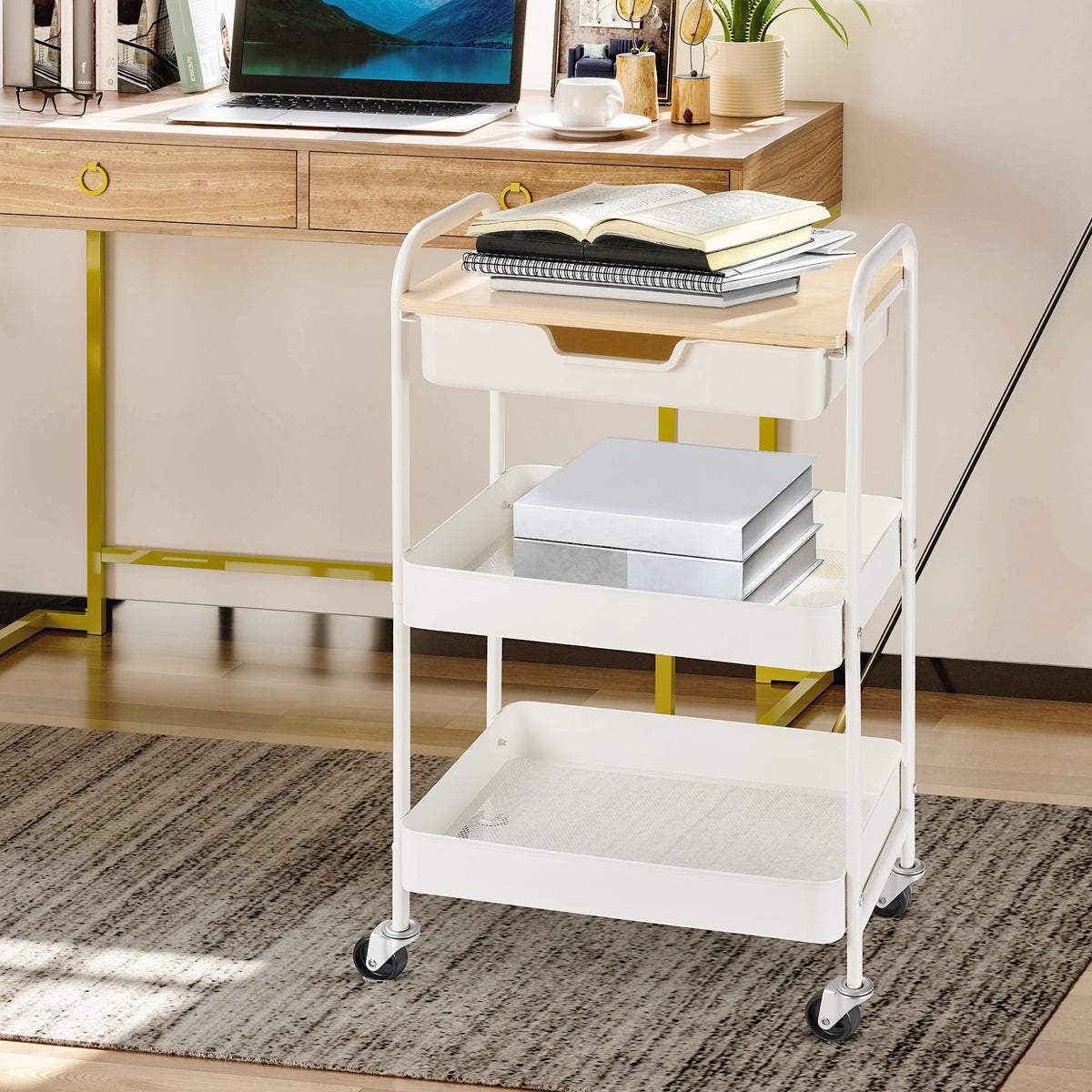 Desserte de cuisine chariot de service 2 étagères tiroir plateau aspect bois clair acier PP blanc-7