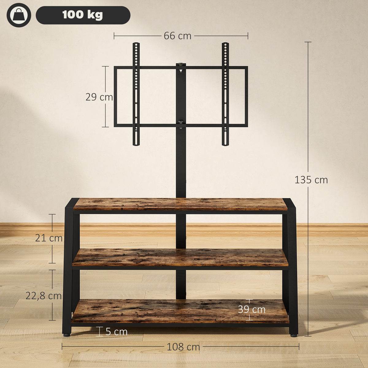 Meuble TV avec support pour téléviseurs de 32-70 pouces, étagères ouvertes, angle ajustable 35°, 108x41x135cm, marron-2
