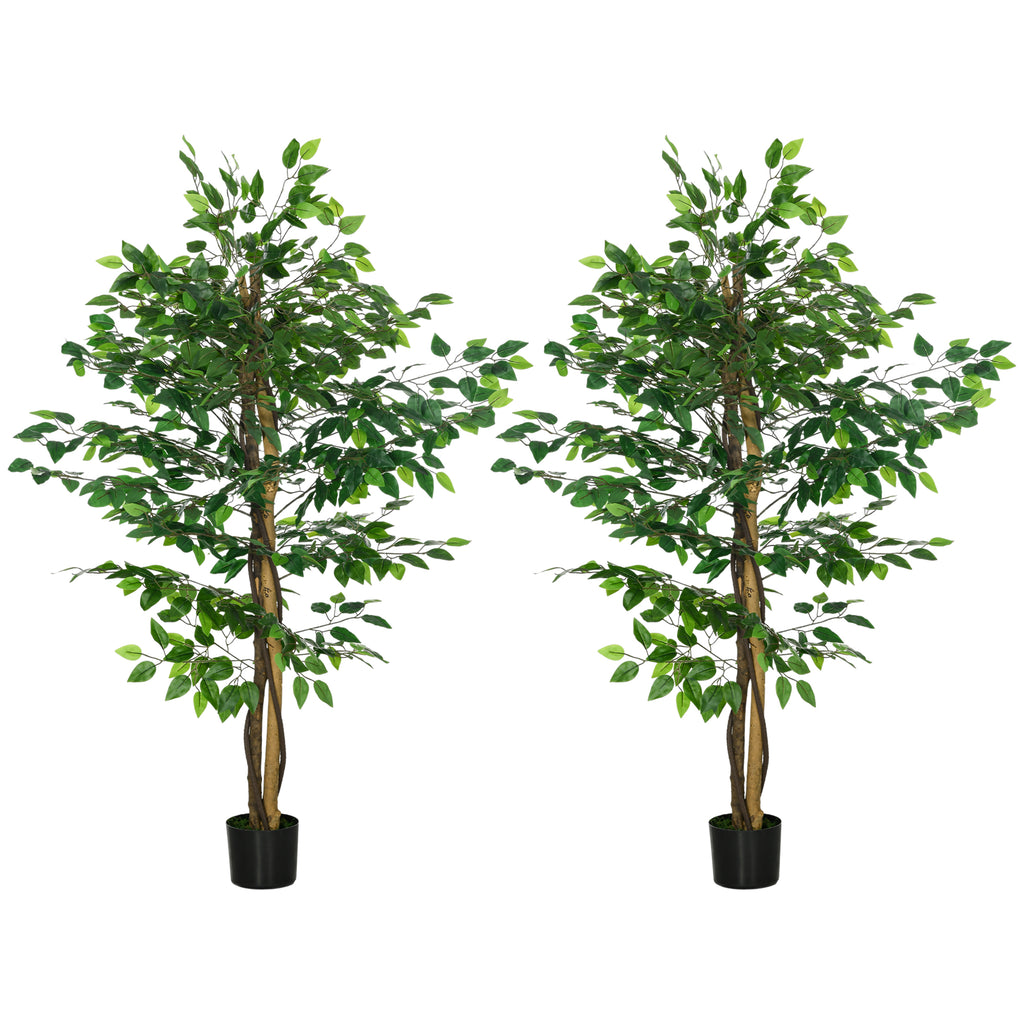 Lot de 2 plantes artificielles ficus hauteur 1,50 m tronc branches liane lichen feuilles grand réalisme pot inclus vert-0